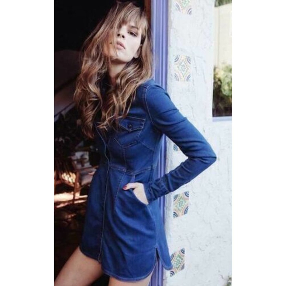 Free People Dynomite Denim Mini Shirt Dress Retro 70's Western Medium H14890 - Picture 14 of 15